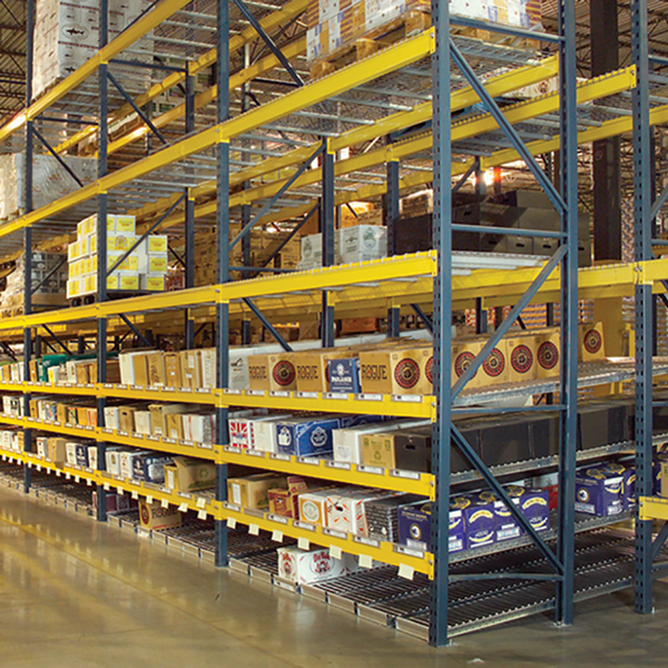 Case and Cartons on Flow Racking Utilizing Gravity to Multiple Pick Faces