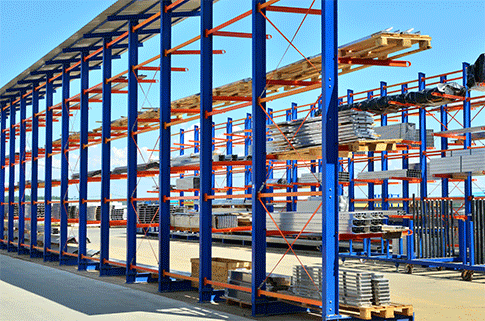Cantilever racking for storage of oddly shaped items such as metal piping, conduit, lumber, tubing, and building materials