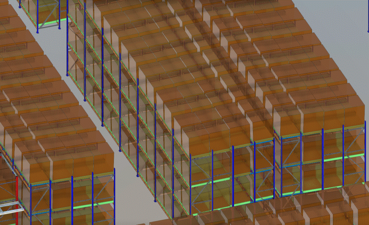3D Model of Pushback Pallet Racking. Designed for operations with LIFO inventory rotation.