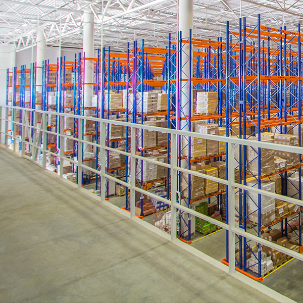 Warehouse mezzanine for additional product storage, pick modules, or offices